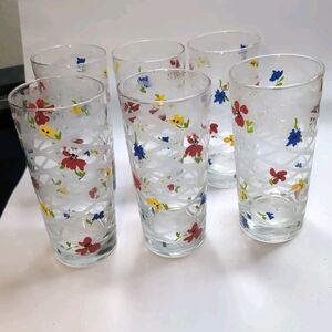 MCM Vintage Briliant Satin Glass 6oz Juice Glass  Cups Floral Set of 6